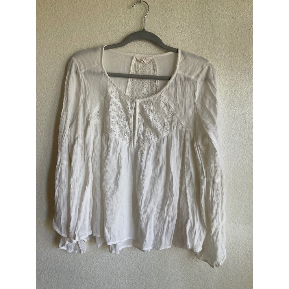 Sun & Shadow White Lace Gauze Bell Sleeve Boho Blouse Top Small